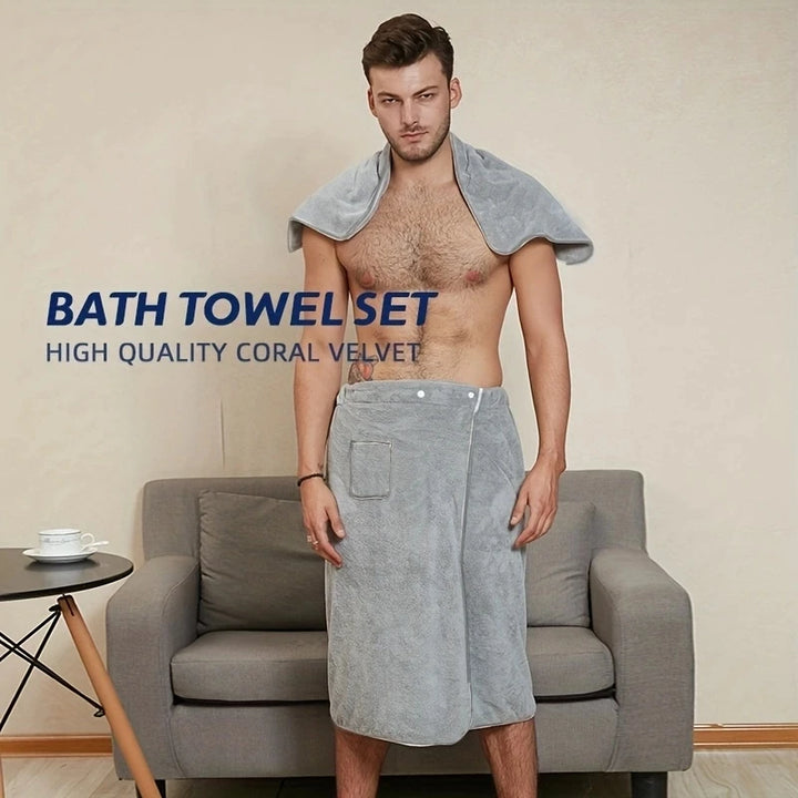 2 Pcs Men's Microfiber Bath Wrap Set | Towel & Spa Half Robe Combo for Home/Hotel/Beach/Swimming/Spa - Soft & Quick-Drying