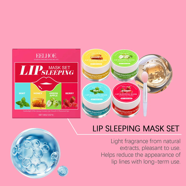4 Flavor Lip Sleeping Mask Set Overnight Moisturizing Lip Care Exfoliating Remove Lip Lines Restore Soft Smooth Lip for Daily