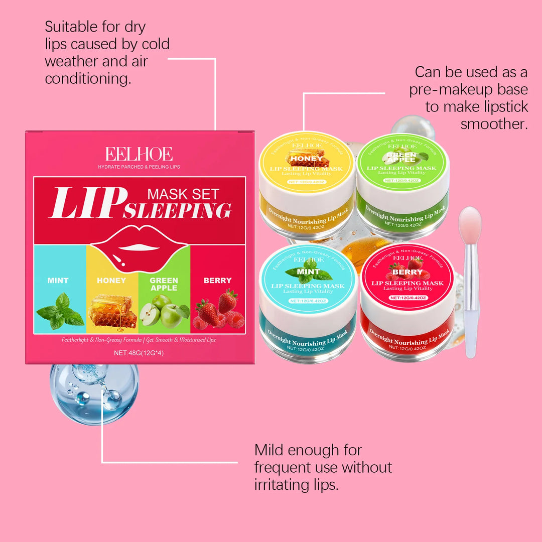 4 Flavor Lip Sleeping Mask Set Overnight Moisturizing Lip Care Exfoliating Remove Lip Lines Restore Soft Smooth Lip for Daily