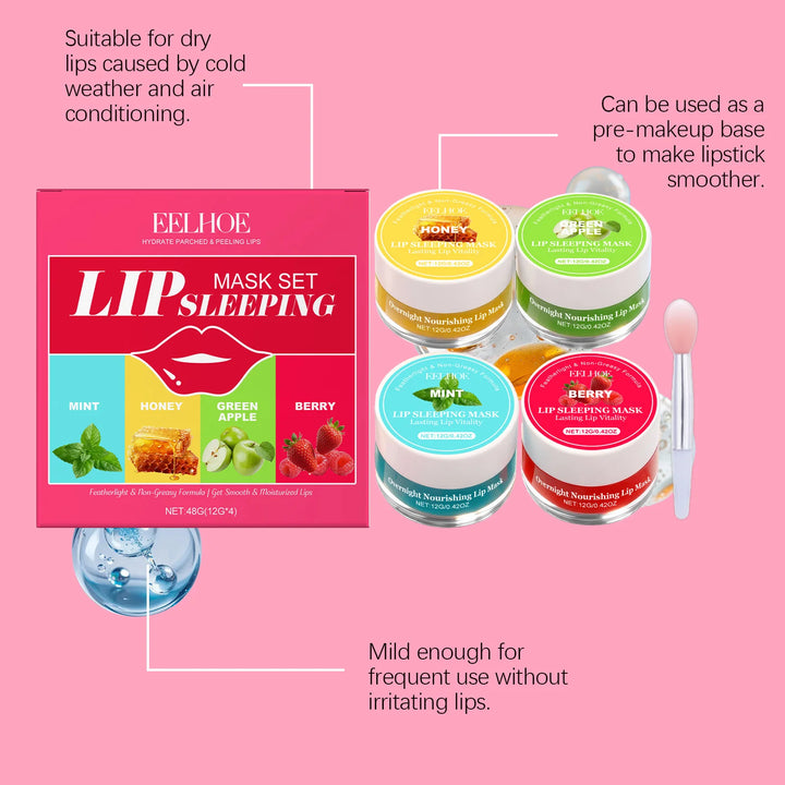4 Flavor Lip Sleeping Mask Set Overnight Moisturizing Lip Care Exfoliating Remove Lip Lines Restore Soft Smooth Lip for Daily