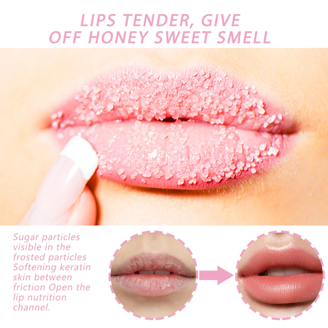 JAYSUING Sugar Lip Balm Fruite Fragrance Moisturizing Lip Gloss Mask Base Makeup Fades Lips Lines Anti-Cracking Care Lip Scrub