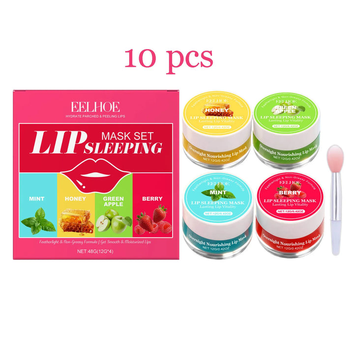 4 Flavor Lip Sleeping Mask Set Overnight Moisturizing Lip Care Exfoliating Remove Lip Lines Restore Soft Smooth Lip for Daily