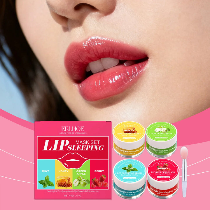 4 Flavor Lip Sleeping Mask Set Overnight Moisturizing Lip Care Exfoliating Remove Lip Lines Restore Soft Smooth Lip for Daily