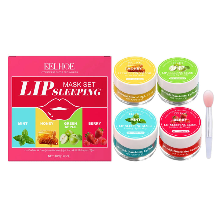 4 Flavor Lip Sleeping Mask Set Overnight Moisturizing Lip Care Exfoliating Remove Lip Lines Restore Soft Smooth Lip for Daily