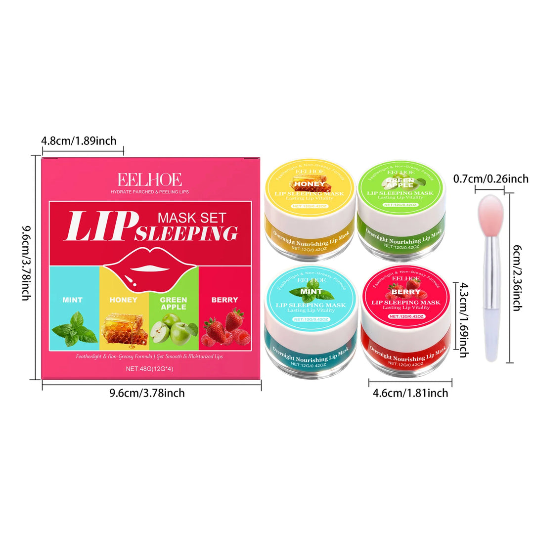 4 Flavor Lip Sleeping Mask Set Overnight Moisturizing Lip Care Exfoliating Remove Lip Lines Restore Soft Smooth Lip for Daily