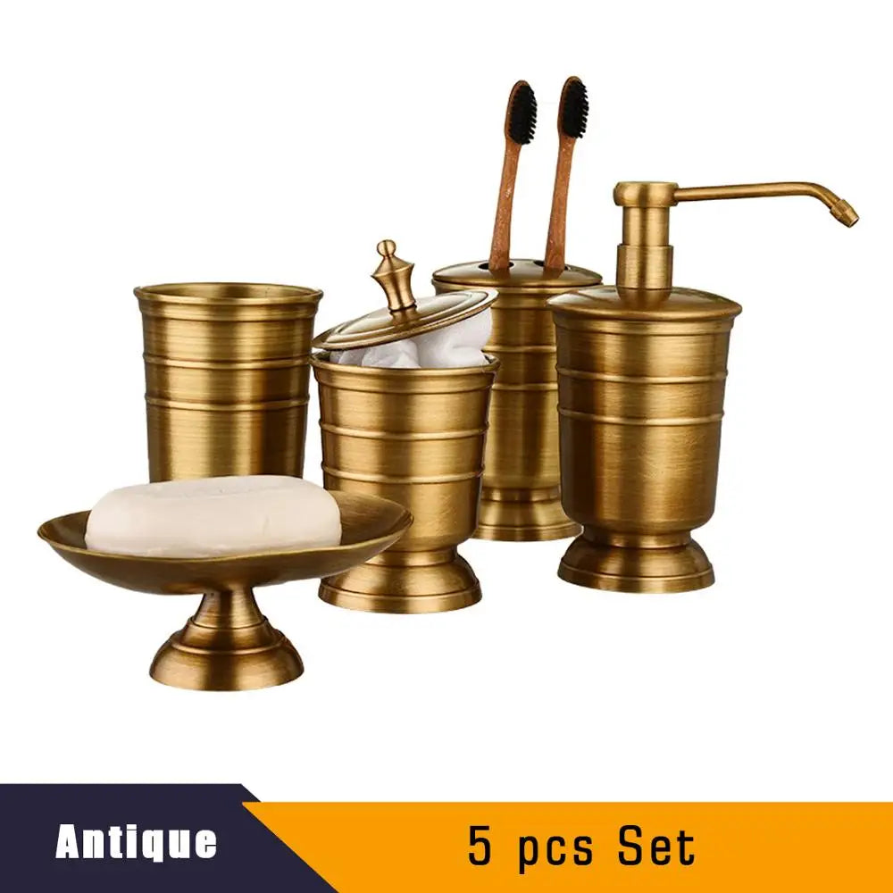 Antique Brass Soap Dish Liquid Soap Dispenser Toothbrush Holder Gargle Cup Storage Tank 5pcs Bathroom Accessory Set