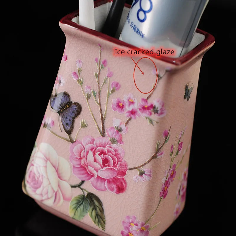 Pink Rose Pattern Bathroom Accessories Set Ceramic Toothbrush Holder Soap Dispenser Soap Dish Bathroom Cup Wedding Gift