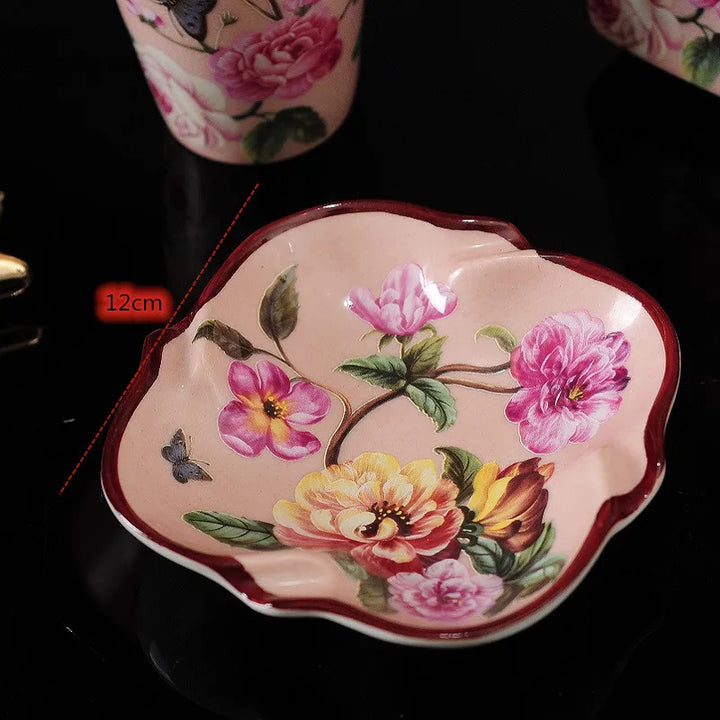 Pink Rose Pattern Bathroom Accessories Set Ceramic Toothbrush Holder Soap Dispenser Soap Dish Bathroom Cup Wedding Gift