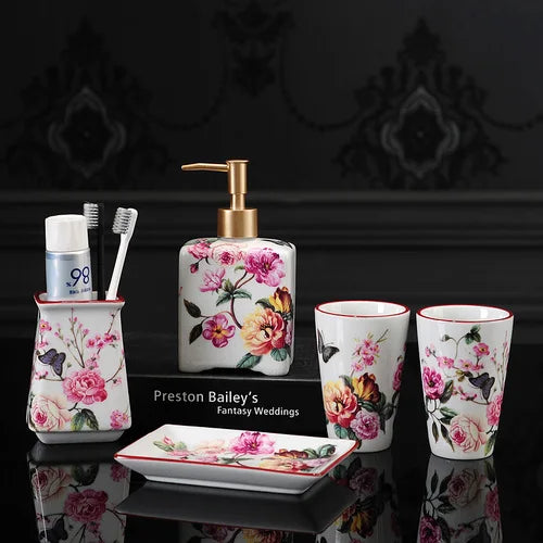 Pink Rose Pattern Bathroom Accessories Set Ceramic Toothbrush Holder Soap Dispenser Soap Dish Bathroom Cup Wedding Gift