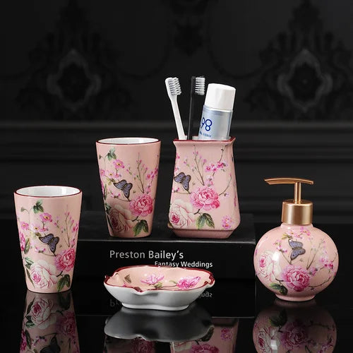 Pink Rose Pattern Bathroom Accessories Set Ceramic Toothbrush Holder Soap Dispenser Soap Dish Bathroom Cup Wedding Gift