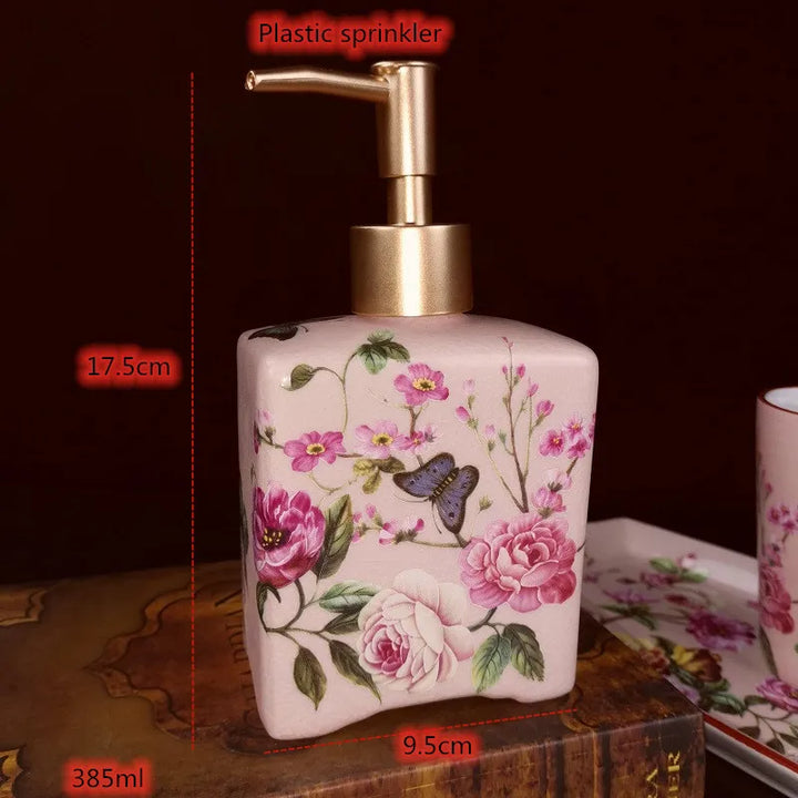 Pink Rose Pattern Bathroom Accessories Set Ceramic Toothbrush Holder Soap Dispenser Soap Dish Bathroom Cup Wedding Gift