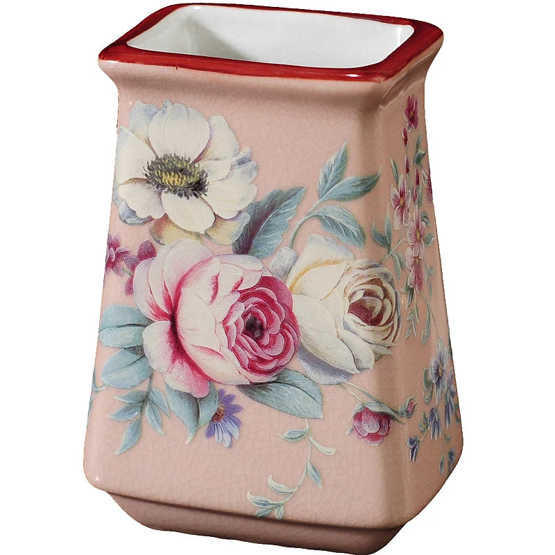 Pink Rose Pattern Bathroom Accessories Set Ceramic Toothbrush Holder Soap Dispenser Soap Dish Bathroom Cup Wedding Gift