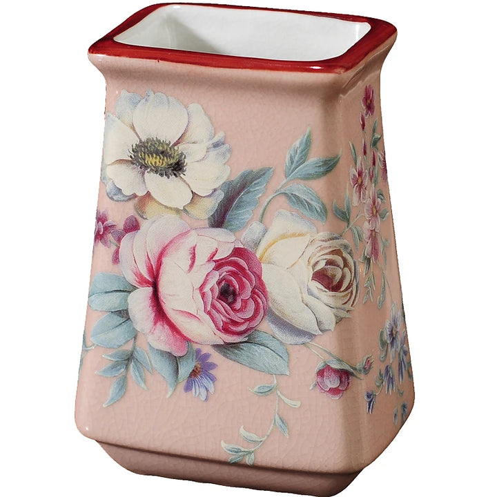 Pink Rose Pattern Bathroom Accessories Set Ceramic Toothbrush Holder Soap Dispenser Soap Dish Bathroom Cup Wedding Gift