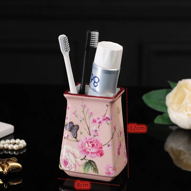 Pink Rose Pattern Bathroom Accessories Set Ceramic Toothbrush Holder Soap Dispenser Soap Dish Bathroom Cup Wedding Gift