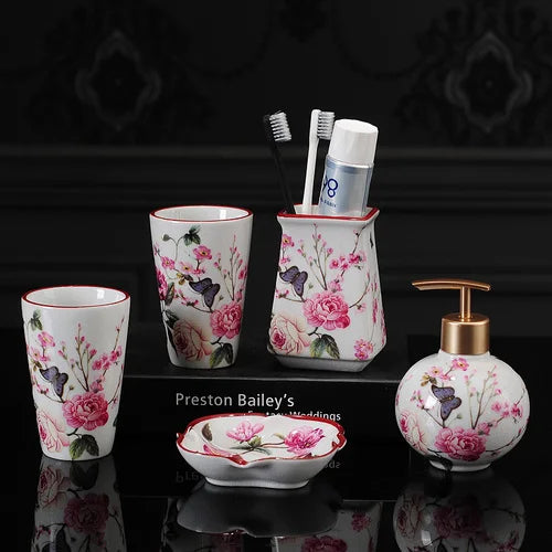 Pink Rose Pattern Bathroom Accessories Set Ceramic Toothbrush Holder Soap Dispenser Soap Dish Bathroom Cup Wedding Gift
