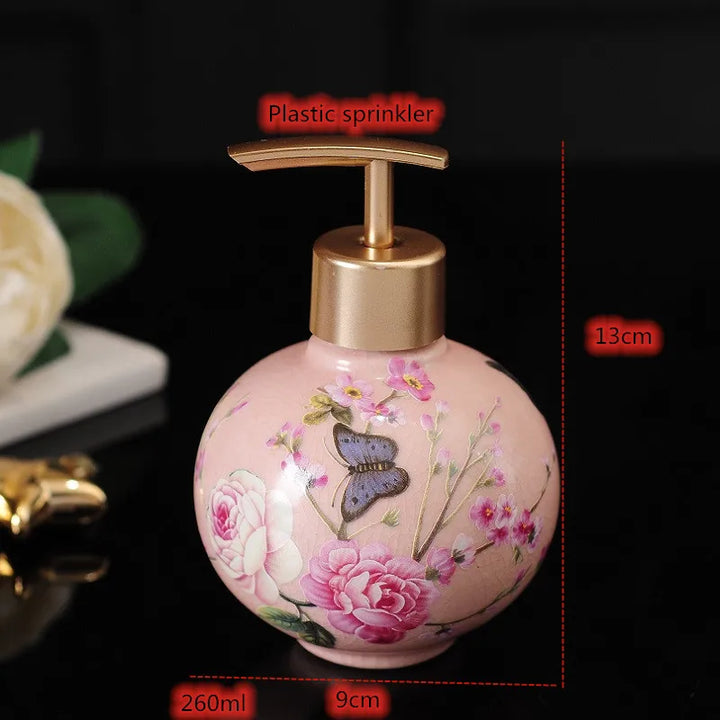 Pink Rose Pattern Bathroom Accessories Set Ceramic Toothbrush Holder Soap Dispenser Soap Dish Bathroom Cup Wedding Gift