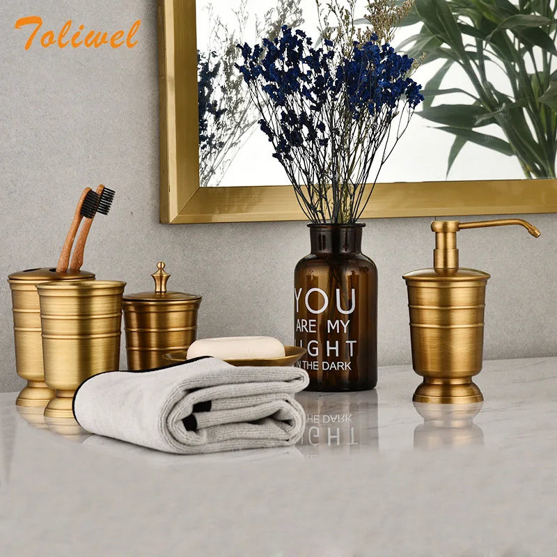 Antique Brass Soap Dish Liquid Soap Dispenser Toothbrush Holder Gargle Cup Storage Tank 5pcs Bathroom Accessory Set