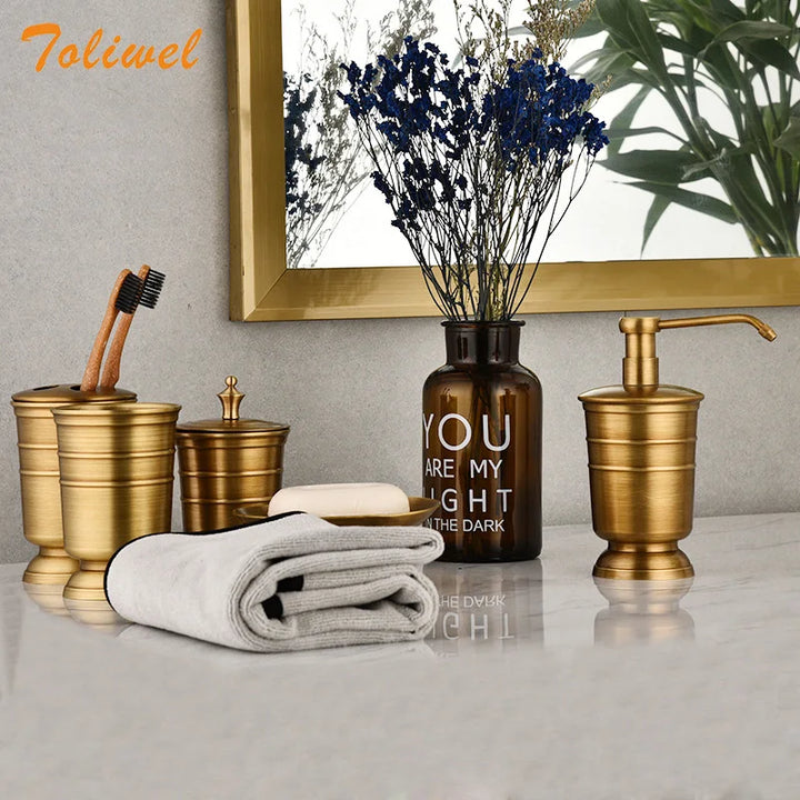 Antique Brass Soap Dish Liquid Soap Dispenser Toothbrush Holder Gargle Cup Storage Tank 5pcs Bathroom Accessory Set