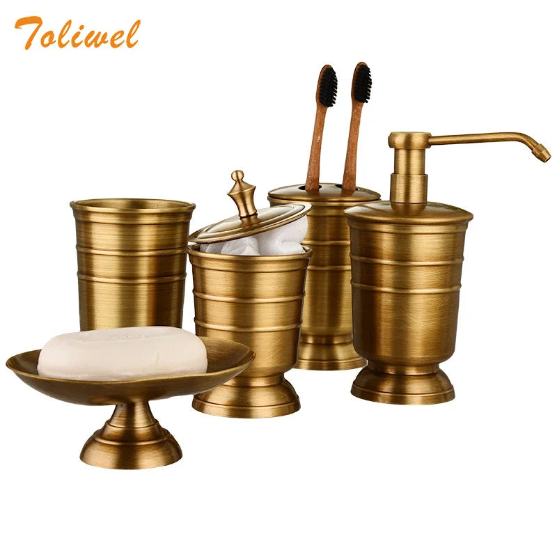 Antique Brass Soap Dish Liquid Soap Dispenser Toothbrush Holder Gargle Cup Storage Tank 5pcs Bathroom Accessory Set
