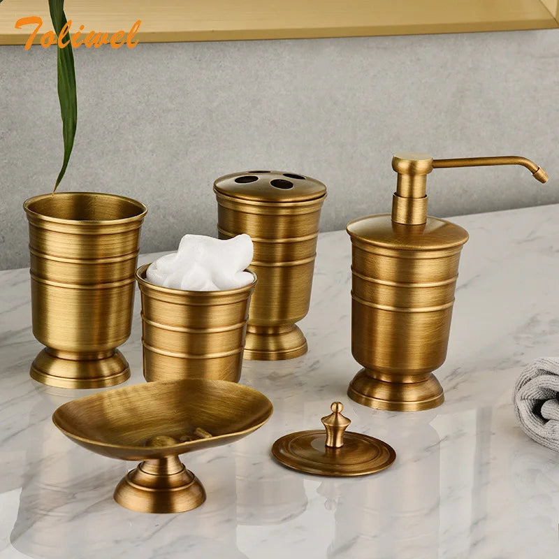 Antique Brass Soap Dish Liquid Soap Dispenser Toothbrush Holder Gargle Cup Storage Tank 5pcs Bathroom Accessory Set