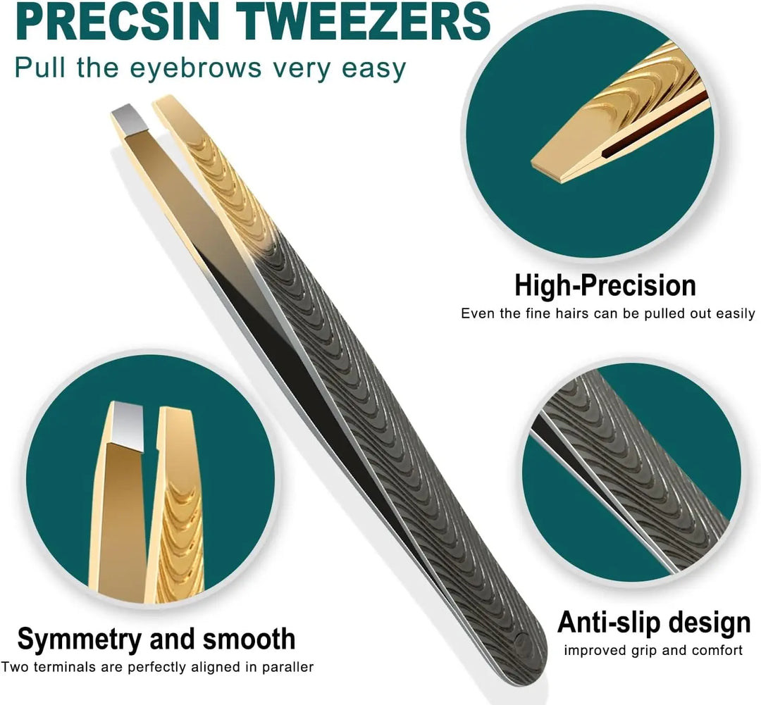 Precision Lash Tweezers - Tool for Plucking Ingrown Facial Hair, Lashes, Eyebrows - Slanted Stainless Steel Tips - Gray-Gold