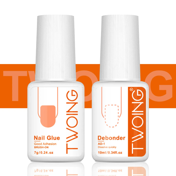 TWOING Nail Tips Gel and Glue Remover Kit, No UV Light Needed,Fake nails plate adhesive，Quickly Removes Glue Off Fake Nail
