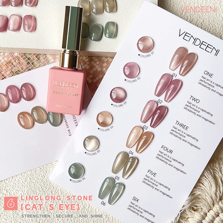 Vendeeni 6 Colors Magnetic Cat Eye Gel Nail Polish Set Pink UV LED Soak Off Gel Varnish Crystal Cat Eye Gel Lacquer With Display