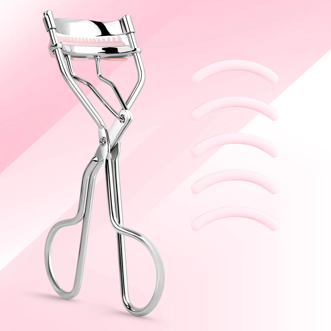 1 portable eyelash curler with 5 silicone pads, stainless steel eyelash curler, permanently shaping big eyes.