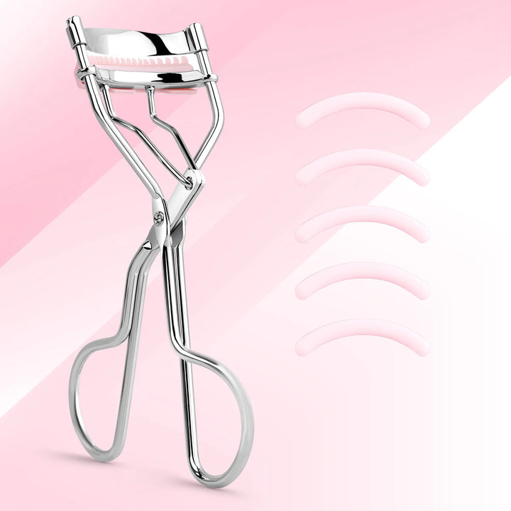 1 portable eyelash curler with 5 silicone pads, stainless steel eyelash curler, permanently shaping big eyes.