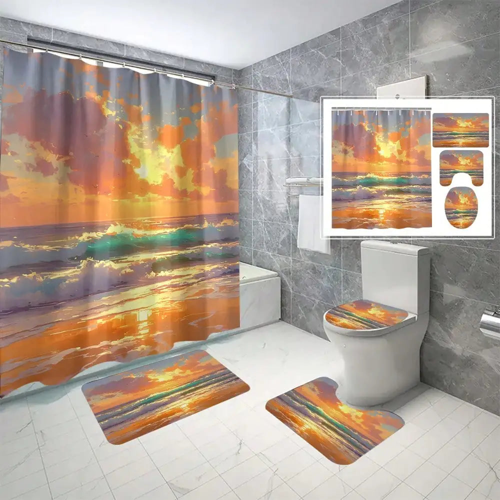 modern Pattern Printed Bathroom Set, Including Shower Curtain, Toilet Lid Cover & U-Shaped Mat,Bathroom Accessories