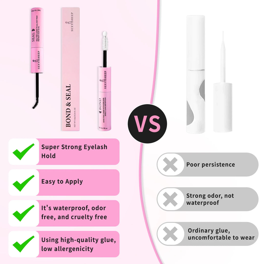 Eyelash Glue and Seal for Eyelash Clusters Strong Fixed  Eyelash Glue Lasting 48H 2 in 1(5ml Black Glue + 5ml Clear Seal)