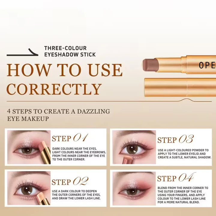 Three-Color Eyeshadow Stick, Shimmering Highlighter Eyeshadow Stick, Waterproof and Long-Lasting Pearlescent Metallic Eyeshadow