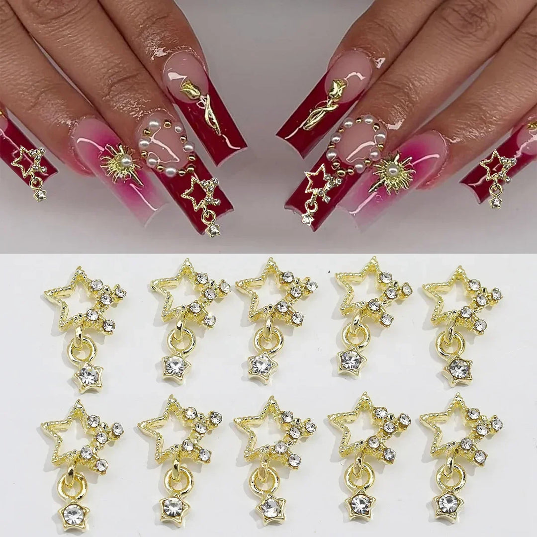3D Exquisite Heart Crown Five-pointed Rhinestones Nail Charms Luxury Gold/Silver Diamond Jewelry Nail Decoration Accessories