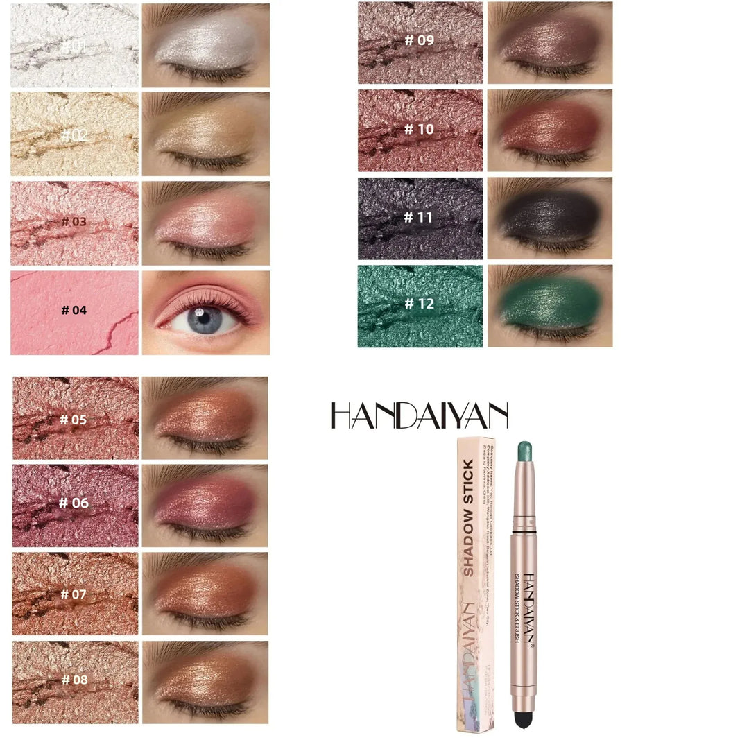 12 Colors Waterproof Eyeshadow Stick Long Lasting Metallic Shimmer Highlighter Cream Pen with Brush Double Head