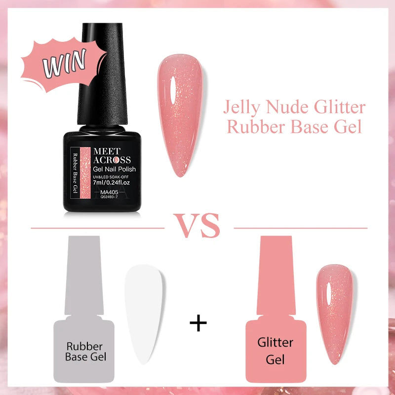 MEET ACROSS 7ml Jelly Nude Shimmer Rubber Base Gel Glitter Pink Purple UV/LED Nail Art Vernis Gel Polish for Manicure Nails DIY