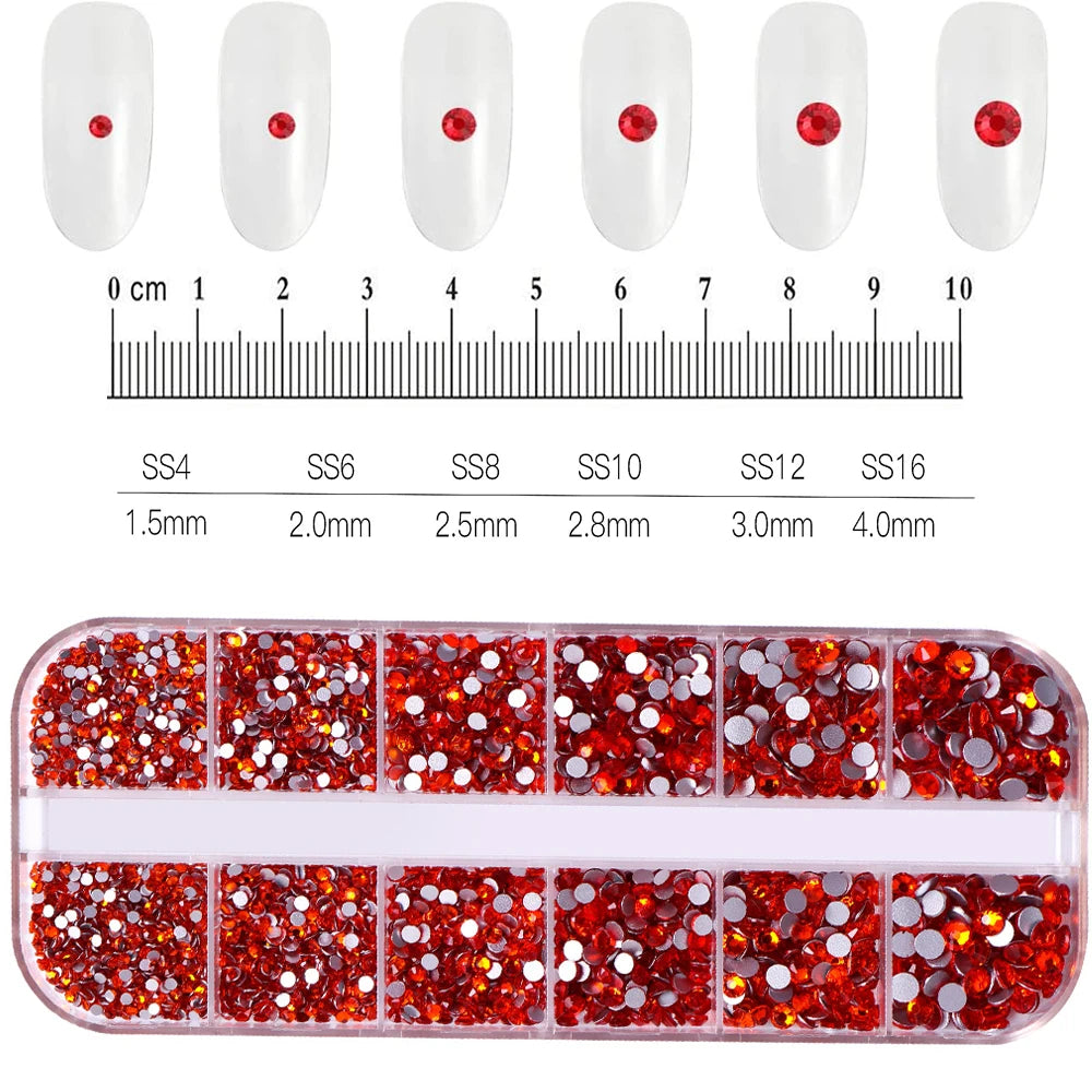 1.5mm-5mm Champagne Glass Crystal Nail Art Gems 12grids Flatback SS4-SS16 Mixed Nail Art Rhinestone Non-Hotfix Diamond Nail Deco