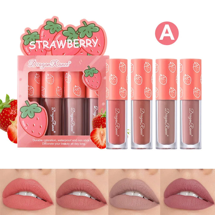 Mini Velvet Matte Lip Gloss Set, 4-Piece Non-Fading, Non-Stick Cup, Long-Lasting Fruit Scented Lip Tint, Smooth and Lightweight