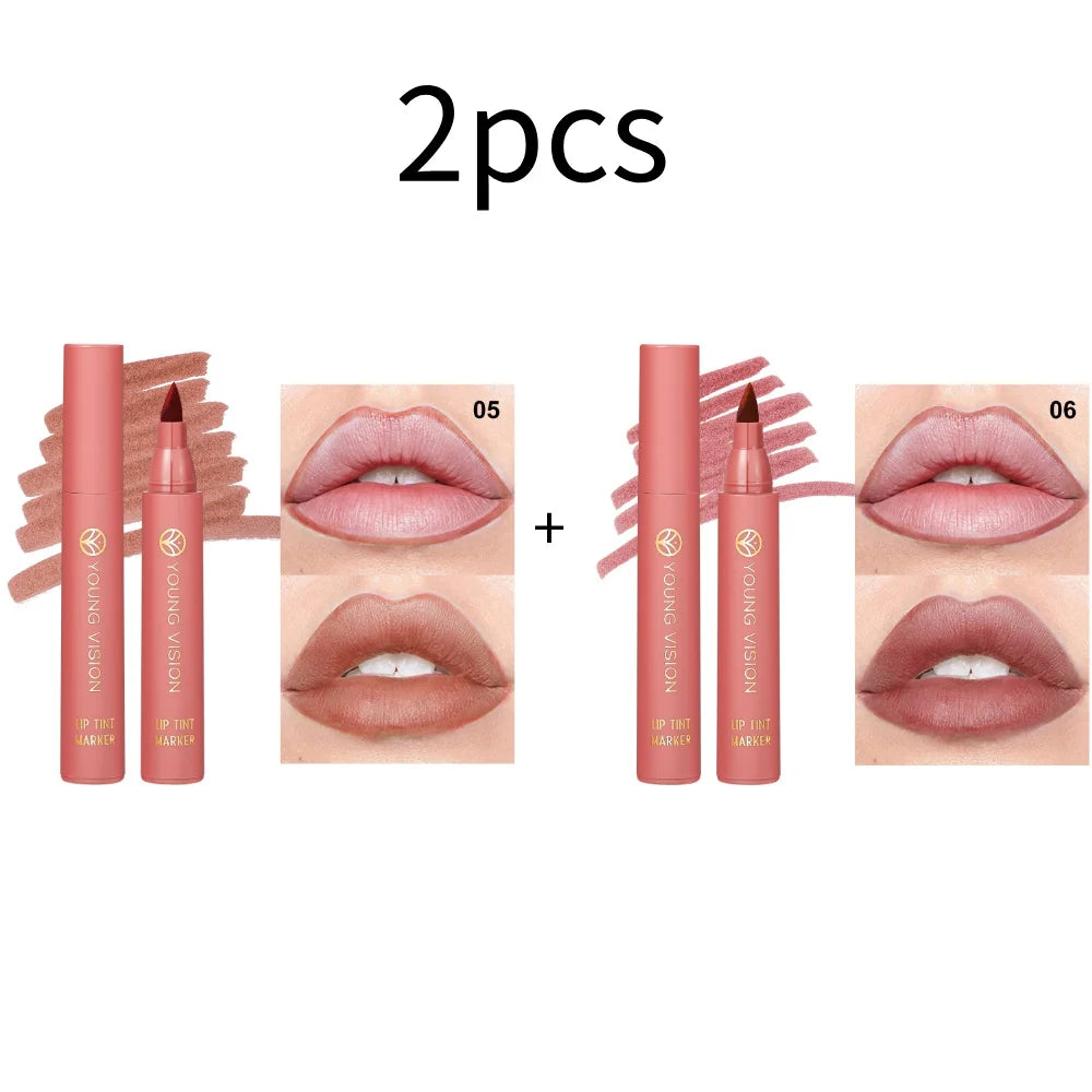 Lip Tint Pen, 6 Colors Available, Matte Water Lipstick, Non-Stick Cup, Long-Lasting, Smooth Lip Liner and Lip Stain Combo