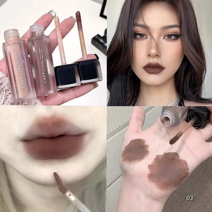 Punk Black Gothic Lip Gloss Matte Dark Brown Lipstick Nude Lip Tint Waterproof Velvet Liquid Lipstick Lip Satin Korean Cosmetics