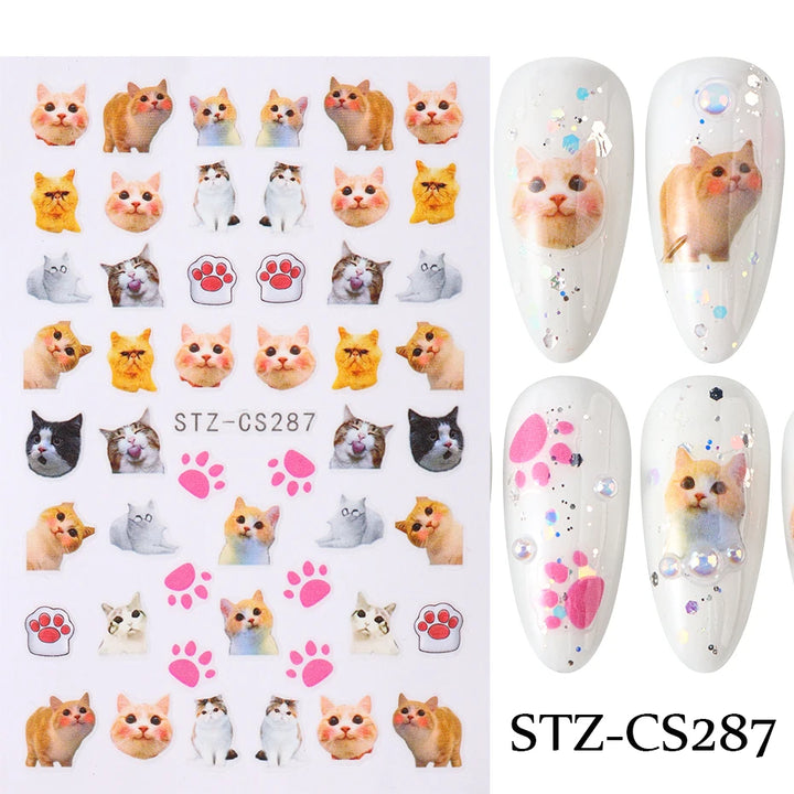 Lovely Dog Cat Animal Bunny 3D Korean Cartoon Scrawl Relief Self Adhesive Nail Art Stickers Cute Pretty Puppy Kitty Star Manicur