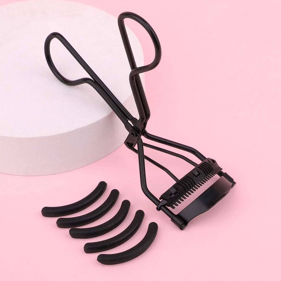 1 portable eyelash curler with 5 silicone pads, stainless steel eyelash curler, permanently shaping big eyes.