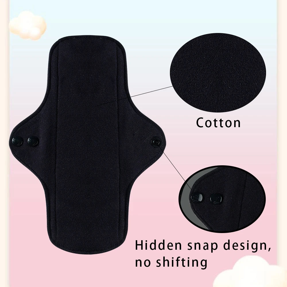 2pcs Balck Pure Cotton Sanitary Pad Ladies Reusable Cloth Menstruation Washable Menstrual Pads with Button Breathable Care Pads
