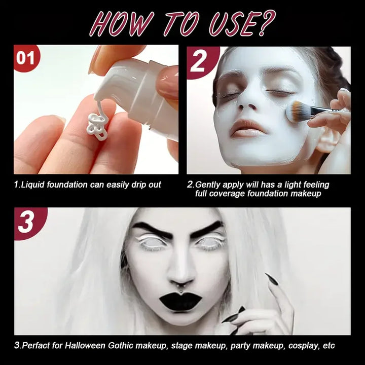 White Liquid Foundation, Full Coverage Heavy Duty Coverage, Creamy Liquid Formula for Goth Makeup, Cosplay, Long-Lasting Matte