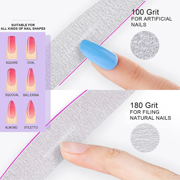 Professional Nail File 2-Pack Reusable Double-Sided Sandpaper (100/180 Grit) Manicure Tools for Home and Salon Use