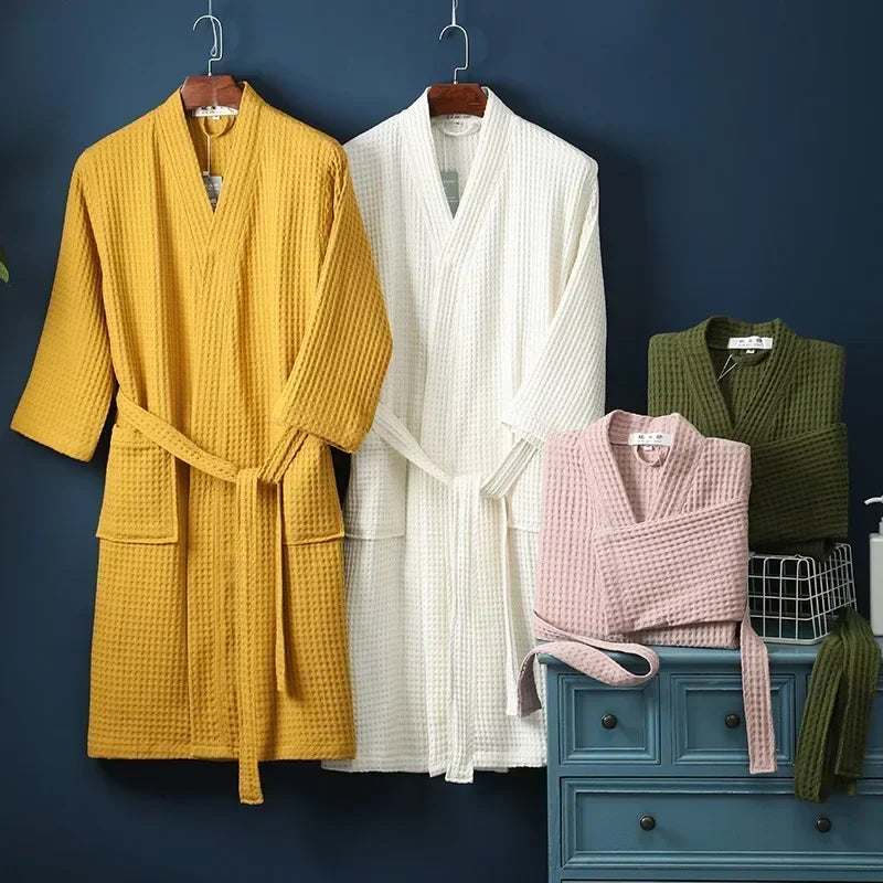 Cotton Terry Robe for Spring and Summer Thin Morning Robe Long Sleeve Waffle Bathrobe Hotel Beauty Bath Towel for Couples