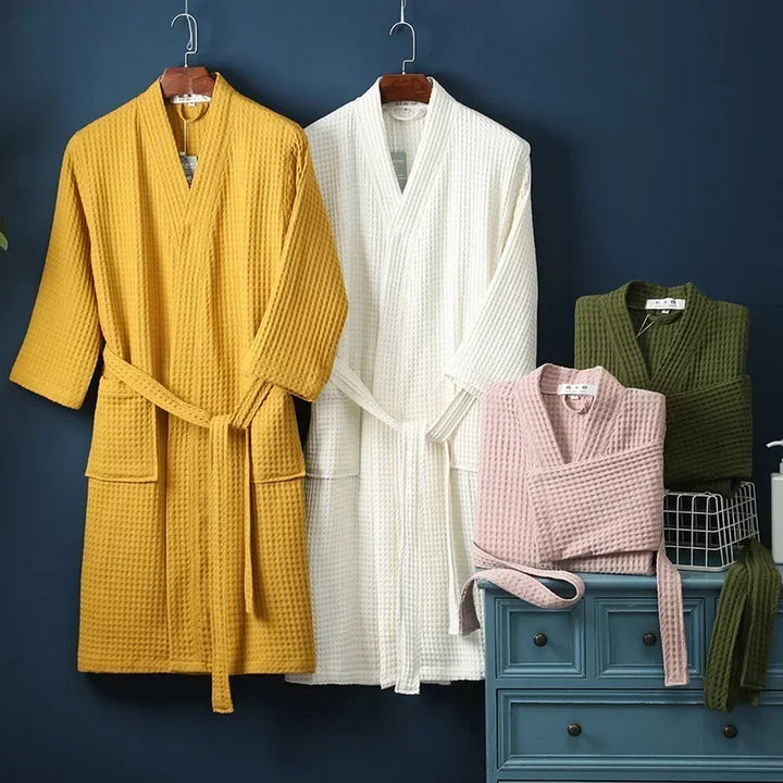 Cotton Terry Robe for Spring and Summer Thin Morning Robe Long Sleeve Waffle Bathrobe Hotel Beauty Bath Towel for Couples