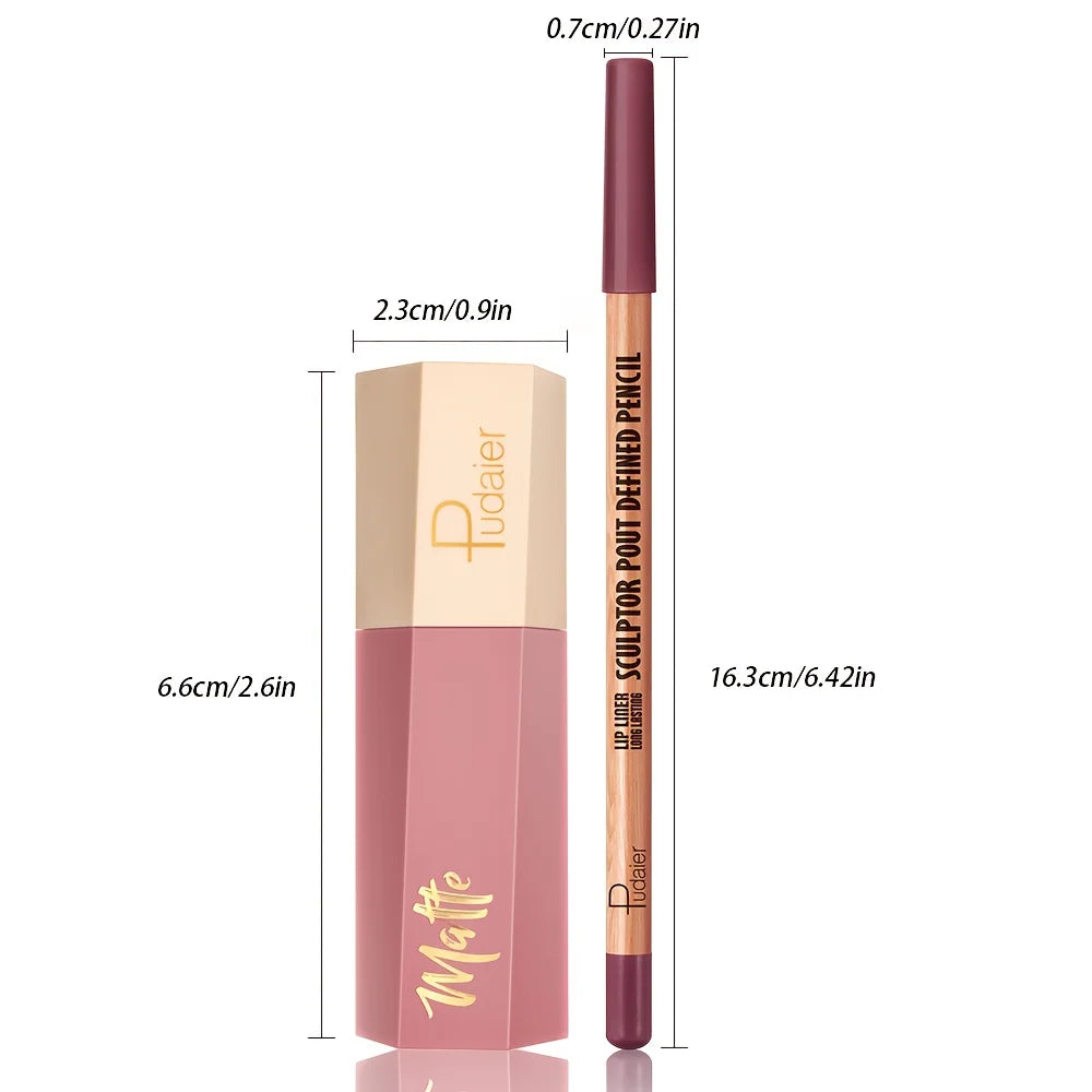 1set Matte lip gloss and lip liner pen set, long-lasting, waterproof, not easy to smudge, velvet texture
