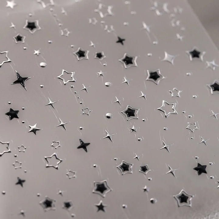 5D Luxury Star Nail Stickers for Nail Art Stars Black Silver Nail Decals Gilding Hollow Out Five-Pointed  Nail Art Design Slider