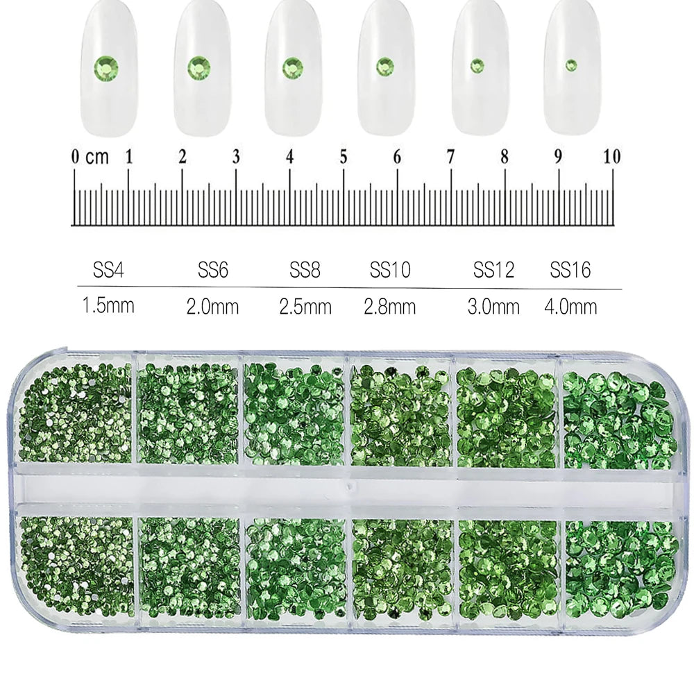1.5mm-5mm Champagne Glass Crystal Nail Art Gems 12grids Flatback SS4-SS16 Mixed Nail Art Rhinestone Non-Hotfix Diamond Nail Deco