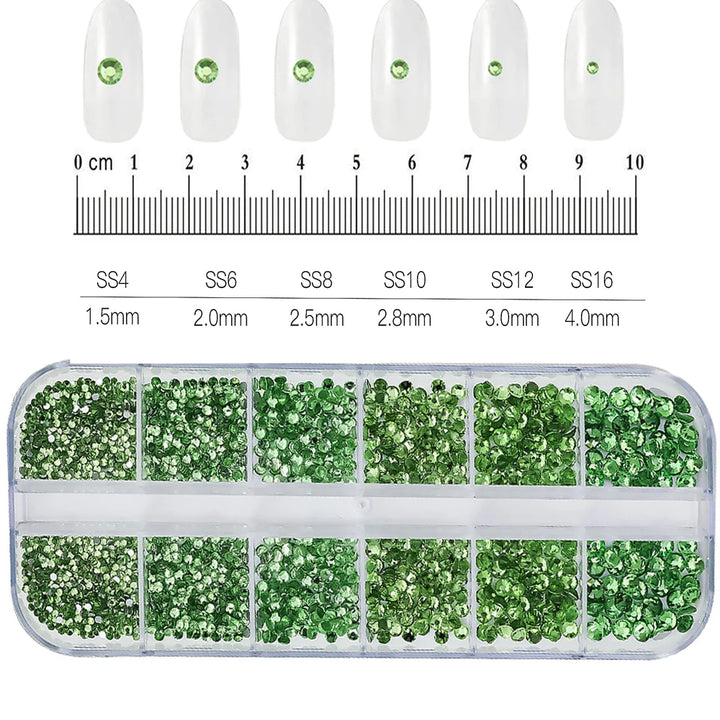 1.5mm-5mm Champagne Glass Crystal Nail Art Gems 12grids Flatback SS4-SS16 Mixed Nail Art Rhinestone Non-Hotfix Diamond Nail Deco